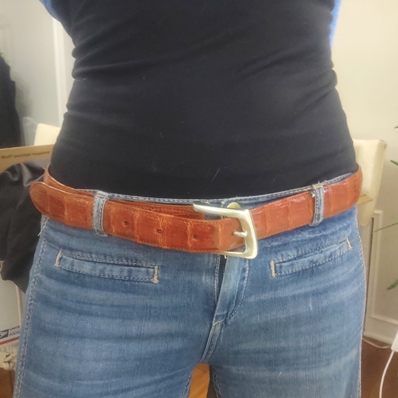 Vintage Brown Crocodile Leather Belt with Silver Buckle - Picture 2 of 5